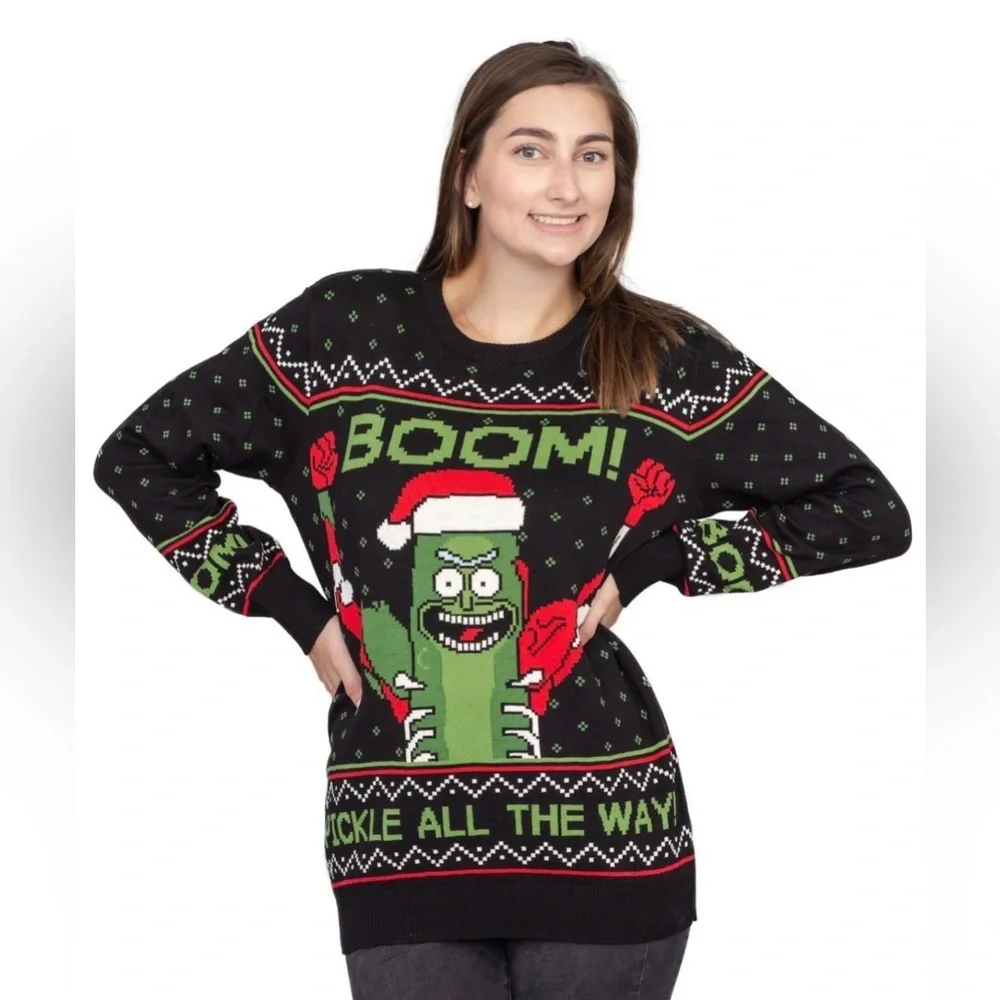 Rick and Morty Boom! Pickle Rick Adult Unisex Ugly Christmas Sweater Black
